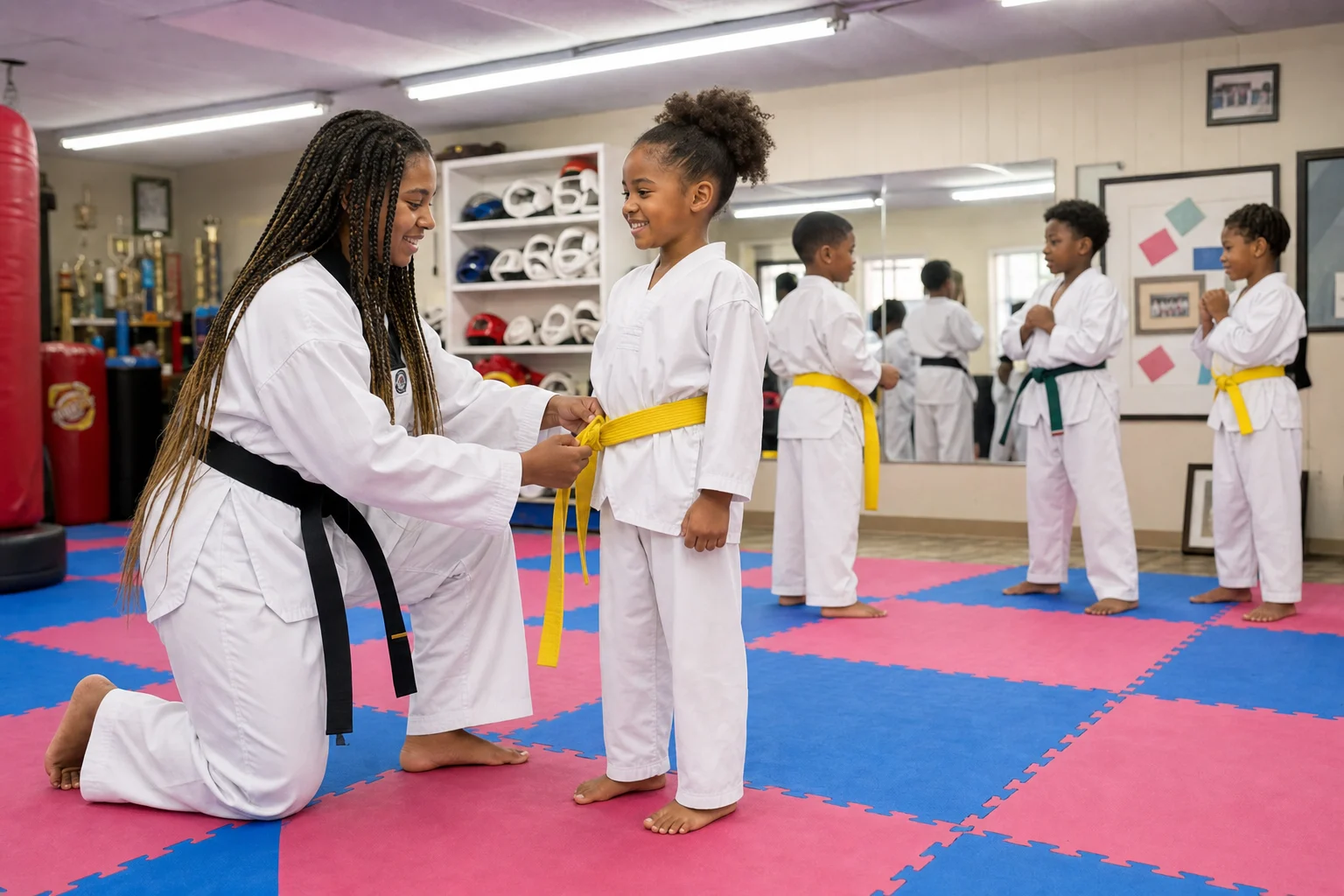 An instructor encouraging a young martial arts student